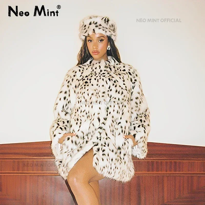 Neo Mint 2024 Inverno Marrone Leopardo Soffice Cappotto di Pelliccia Sintetica Delle Donne di Lusso Del Basamento Collo di Pelliccia di Volpe Della Giacca Della Tuta Sportiva Cappotti Femminili