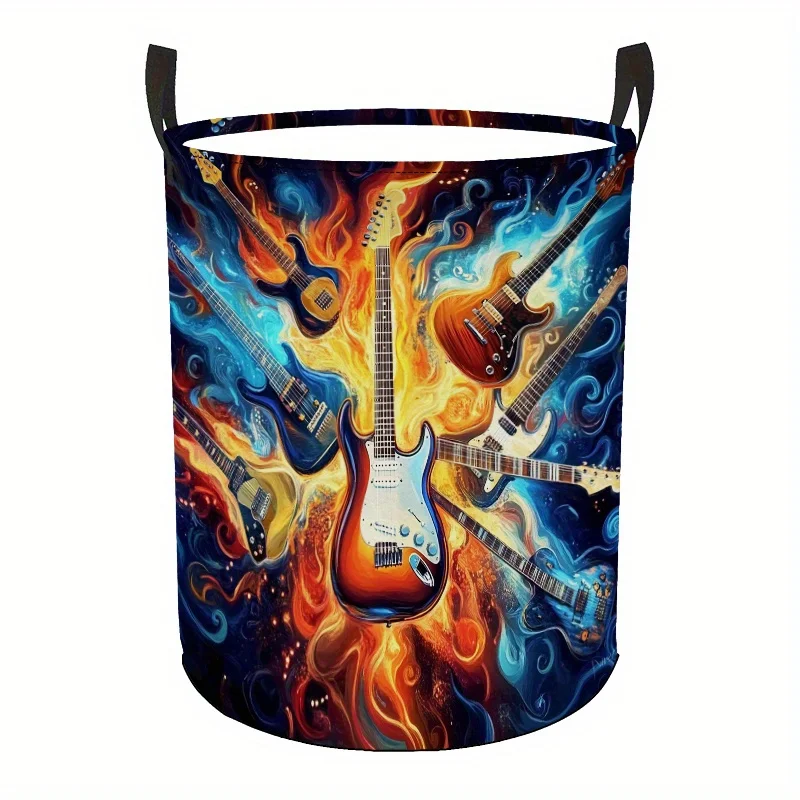 Rock Music Theme Guitar Laundry Basket with Handle Vibrant Electric Guitar Flame Design, Durable Polyester Fabric Circular