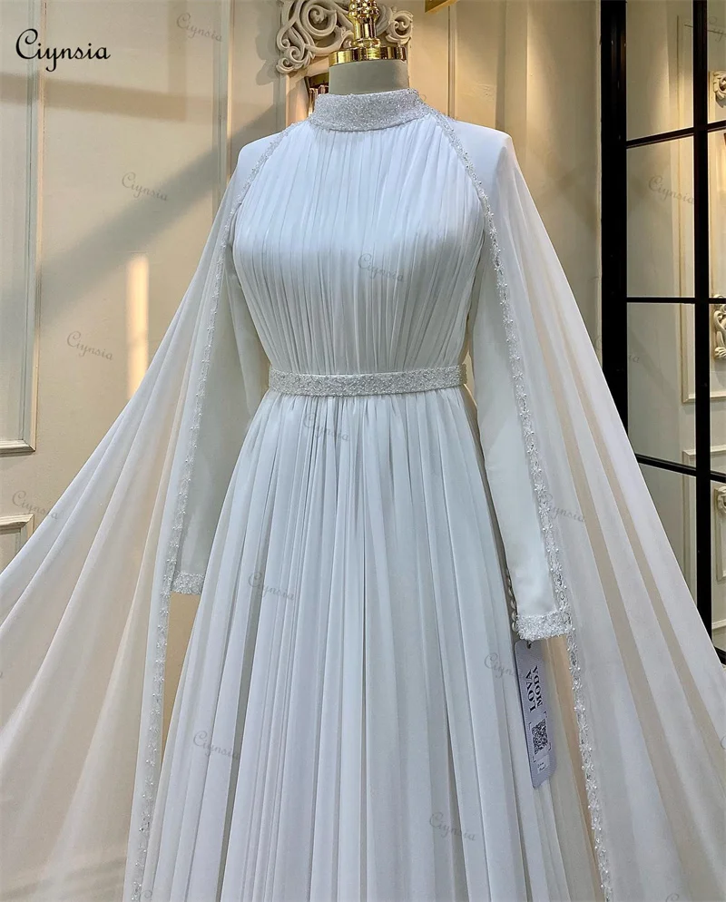 Ciynsia Elegant Chiffon Beaded Muslim Wedding Gowns with Cape Hijab Islamic Bridal Dress High Neck Abaya Long Sleeves Bride Robe