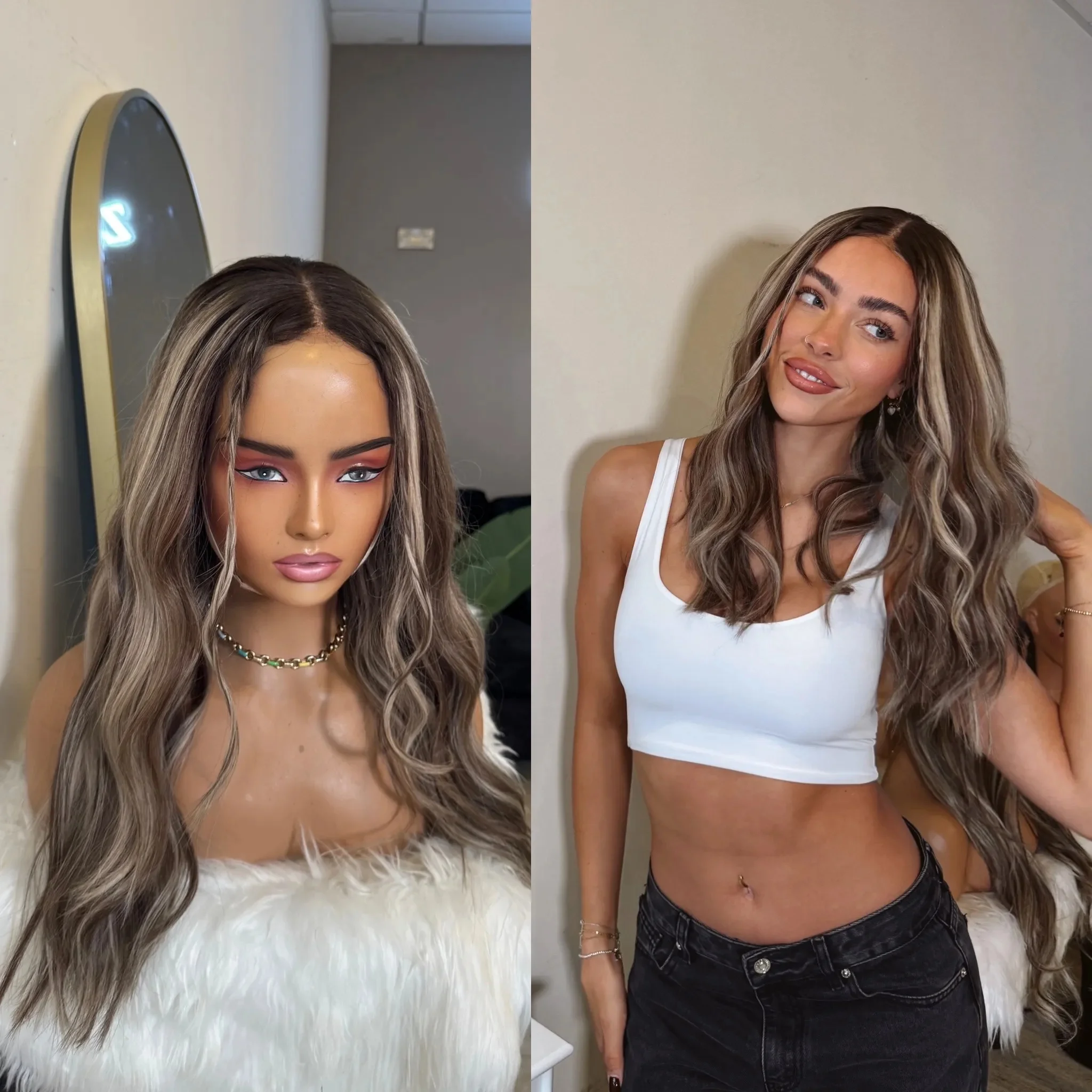 

Новые 28-дюймовые каштаново-коричневые со светлыми полосками, синтетические кружевные фронтальные парики, свободные волны, реалистичный вид, предварительно выщипанные волосы