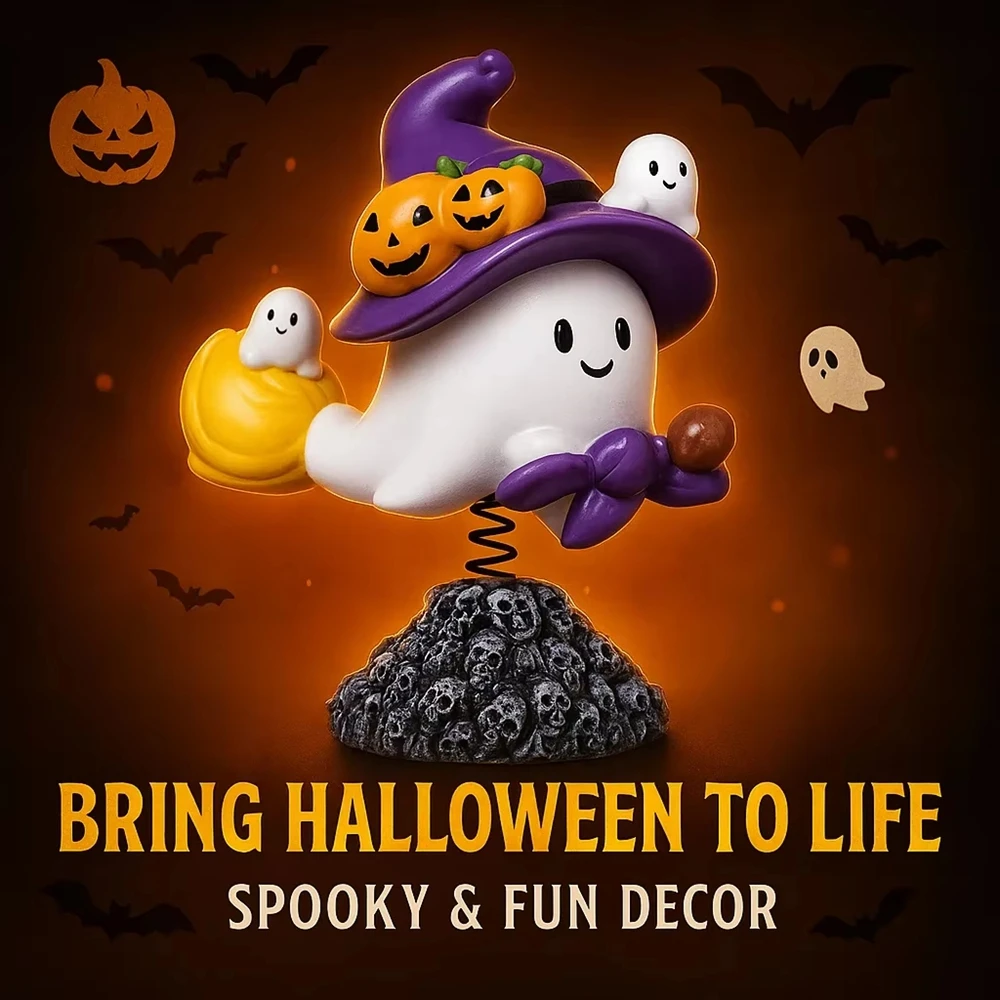 Funny Resin Halloween Ghost Statue Cartoon Cute Ghost Art Sculpture with Spring Ghost Figurine Ornament Holiday