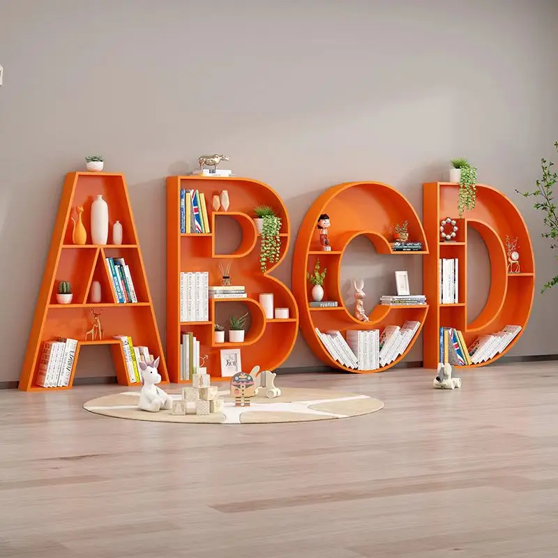 &Modern Creative Iron Bookcase with Letter Design Panel for Living Room School Library & Workshop-Eco-Friendly Adjustable Shelve