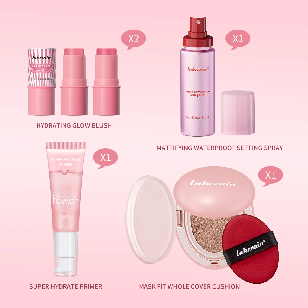 Ensemble de maquillage rose, Spray fixateur d'apprêt comprenant coussin d'air, Base de fond de teint, rouge à lèvres, Kit de cosmétiques pour tenue de Blush, 5 pièces/ensemble