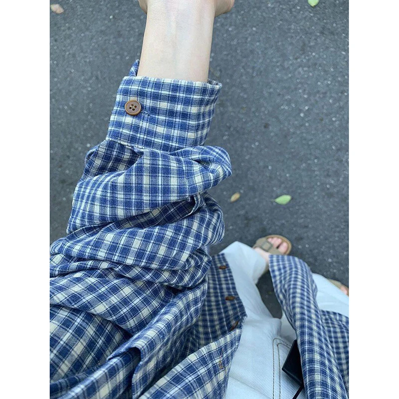 

Blue Plaid Long Sleeve Casual Shirt 2024 New Men's Autumn Lazy Style Early Autumn Clothing Outerwear Standard Fit Polyester F...