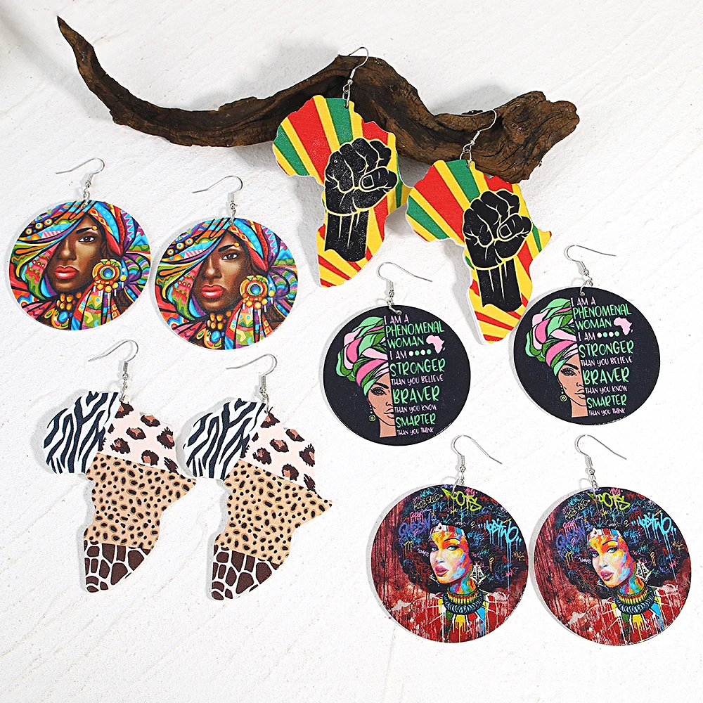 AENSOA Tribal Multicolor Wood Africa Map Shaped Drop Earrings For Women Painted Round Wooden Earring African Ethnic Jewelry 2023