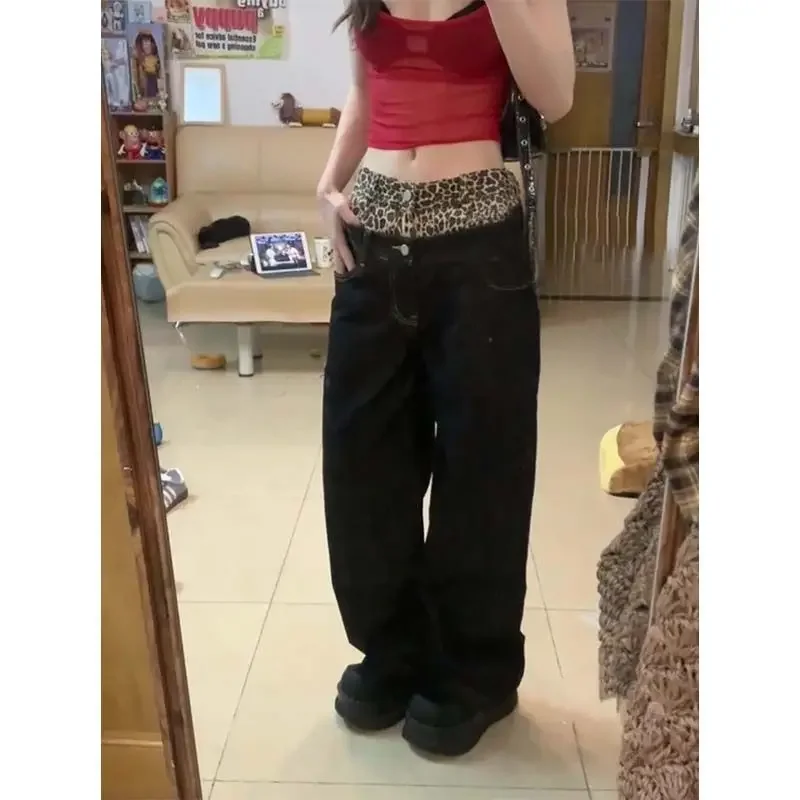 Fake Two-Piece Leopard Black Straight Leg Long Jeans Women Denim Pant Plus Size 4XL boyfriend casual y2k fairycore 2000s grunge