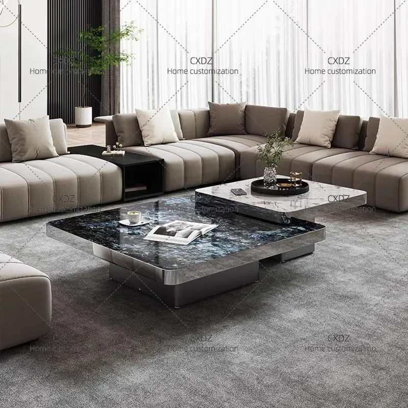 Pure Handmade Light Luxury Microcrystalline Stone Square Coffee Table Set Italian Minimalist High End Rock Slab Design