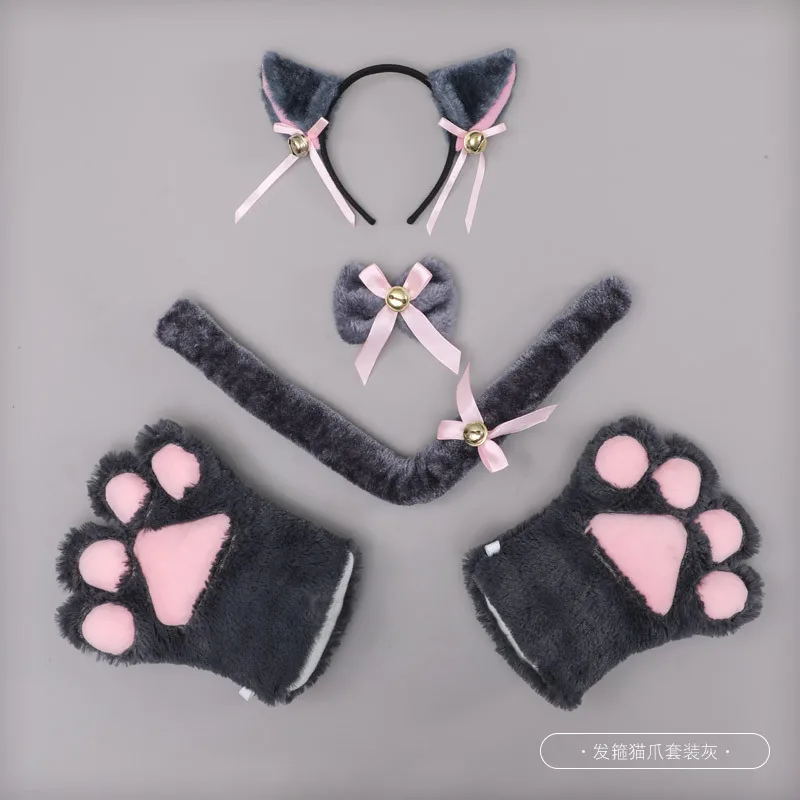 Kawaii Cat Girl Anime Cosplay Costume Accessory Bell Hairwear Hairbands with Cat Ears Neko Lolita Maid Plush Glove Tail Paw Ear