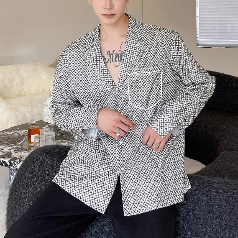 

Korean Fashion Suit Collar Shirt for Men Handsome Lazy Loose Casual Shirt Retro Plaid Streetwear Social Party Men's Clothing