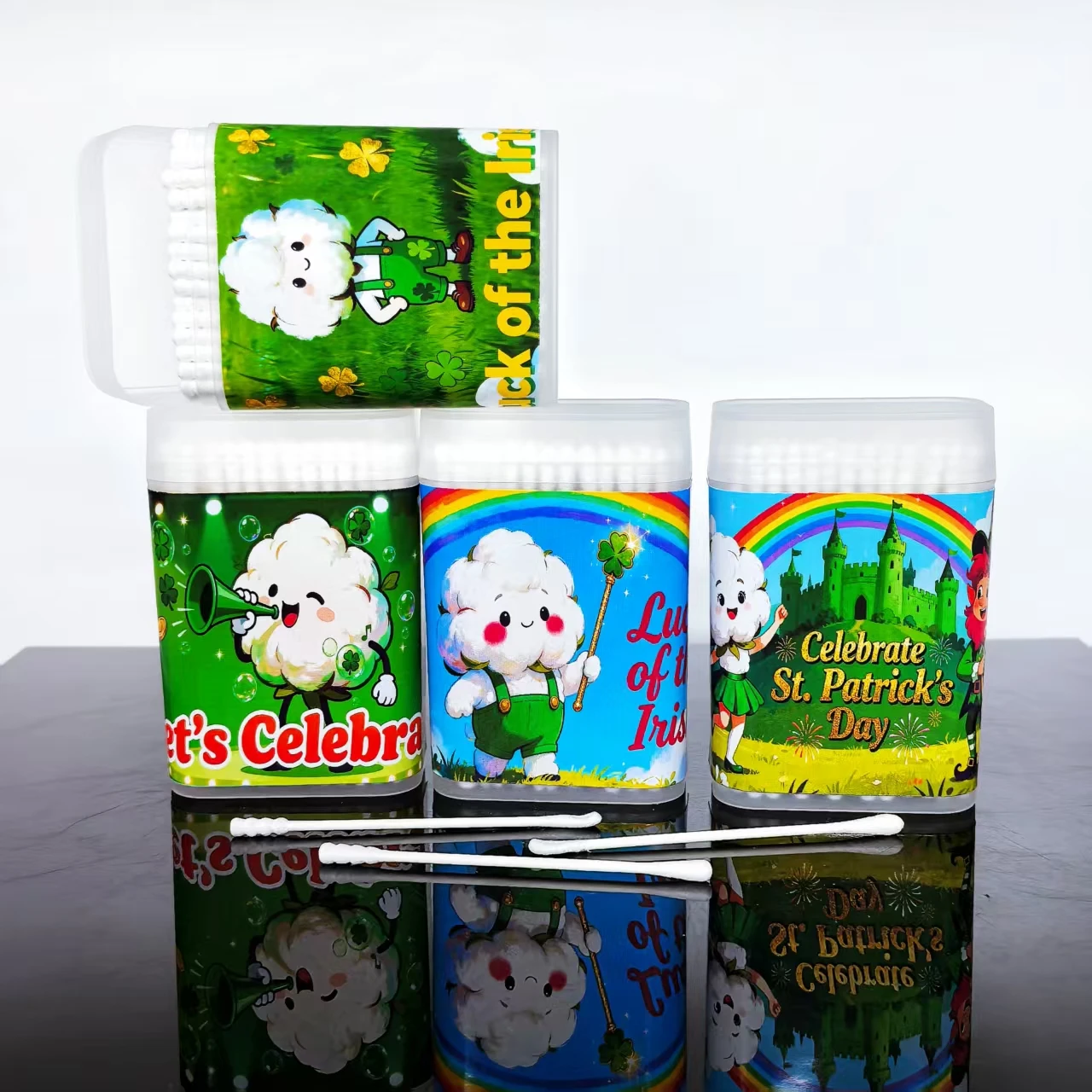 600 uds/900 Uds hisopos de algodón del Festival Irlandés, bastoncillos de algodón de doble cabeza de eje fino, hisopos de algodón para vacaciones del Día de San Patricio