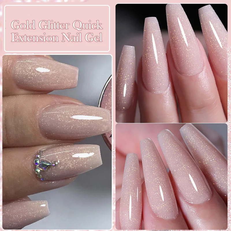 LILYCUTE 10ML Gold Sparkling Nude Quick Extension Gel Nail Polish Finger Prolong Manicure Nail Acrylic Crystal Hard Gel Varnish