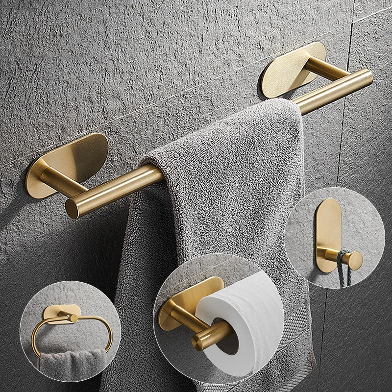 Brushed Gold Bathroom Accessories Set Paper Holder Towel Rack Robe Hook Towel Bar Stainless Steel Bath Bathroom Hardware