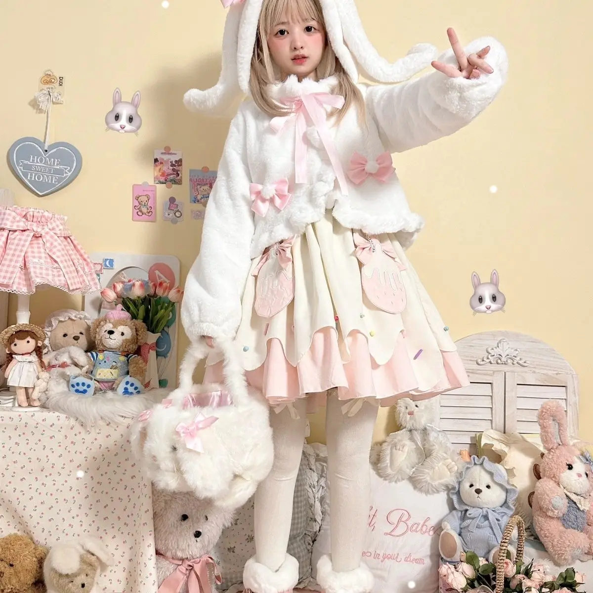 Coalfell Original Orejas de conejo dulce lazo rosa Lolita abrigo corto de felpa lindo JK estudiante Otoño/Invierno Lolita