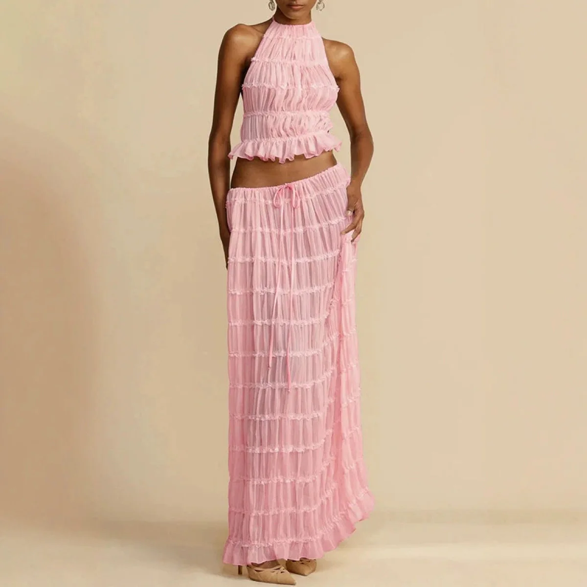 2025 ربيع وصيف موضة جديدة مثير عارية الذراعين الرسن الدانتيل سترة فستان طويل مجموعة #2