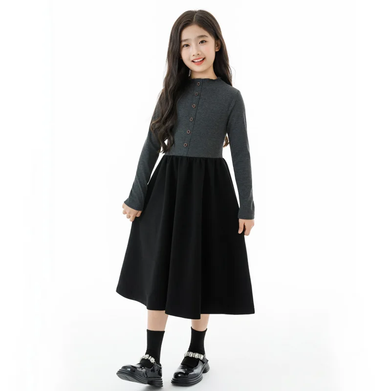 

Autumn Children Girls Dress Teenager Girl Patchwork Round Neck Princess Dress Junior Girls Versatile Long Sleeve One-piece Dress