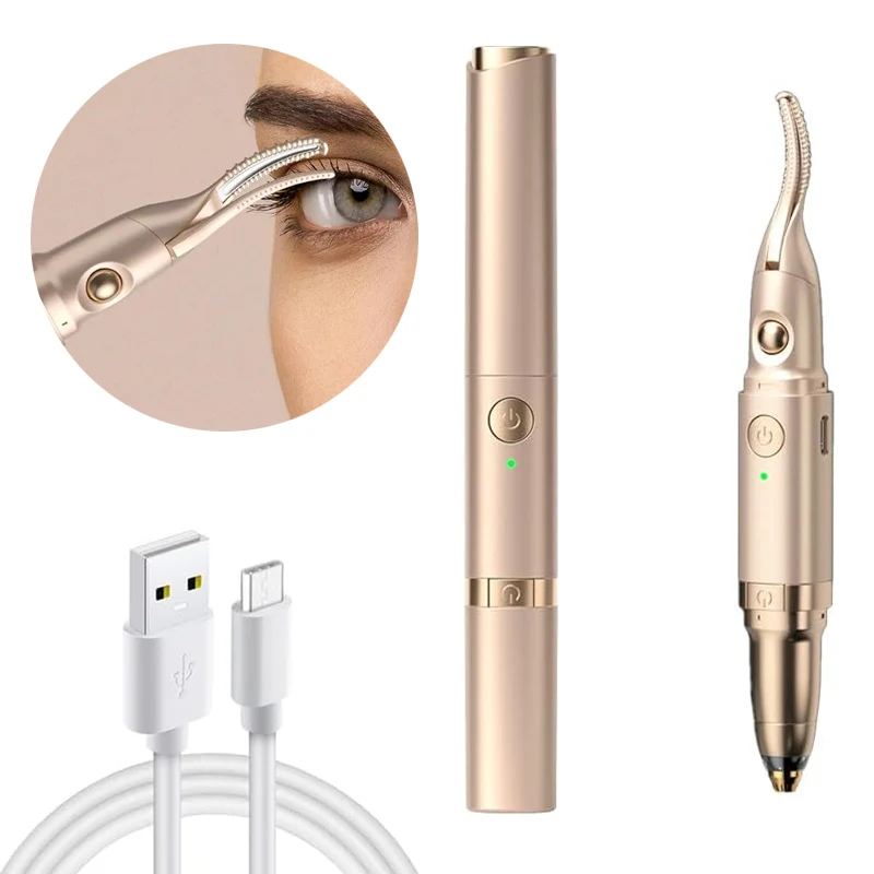 2 in 1 Heated Eyelash Curler with Eyebrow Trimmer Tool USB Rechargeable Eye Lash Curling Tools Eyebrow Nose Facial Hair Remover