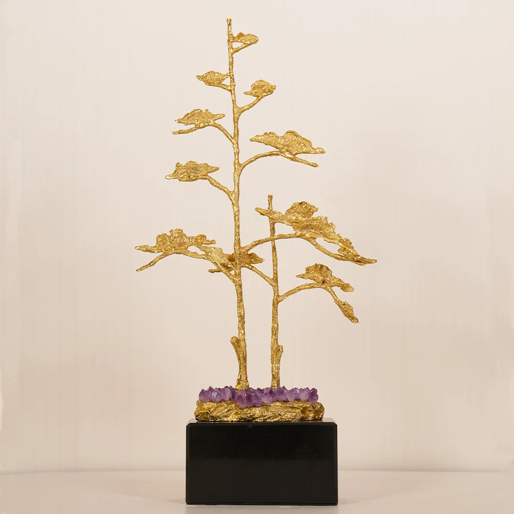 Chinese Modern Brass Statue, Amethyst Inlaid Marble Base, Suitable For Entrance Hall, Room, Study, Elegant