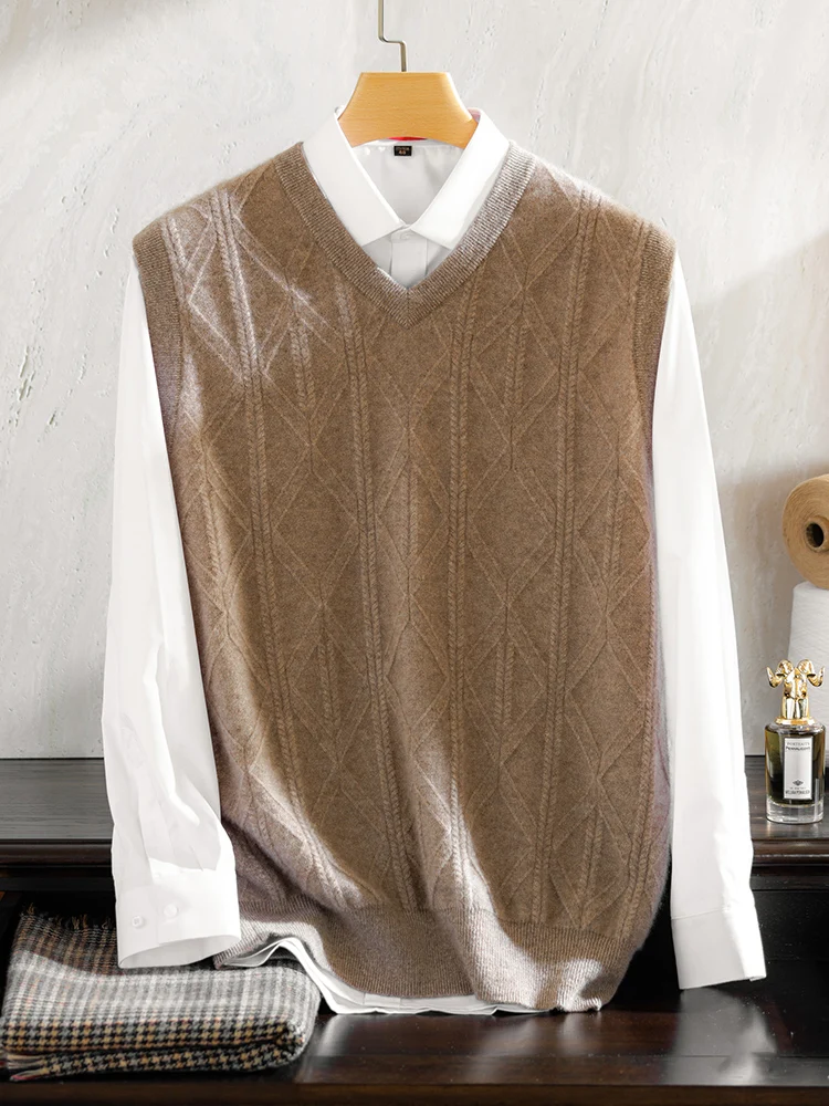 

Свитер из 100% чистого кашемира, жилет, мужской осенне-зимний вязаный свободный свитер без рукавов с v-образным вырезом и зажимом для лошади, жилет без рукавов с бриллиантами
