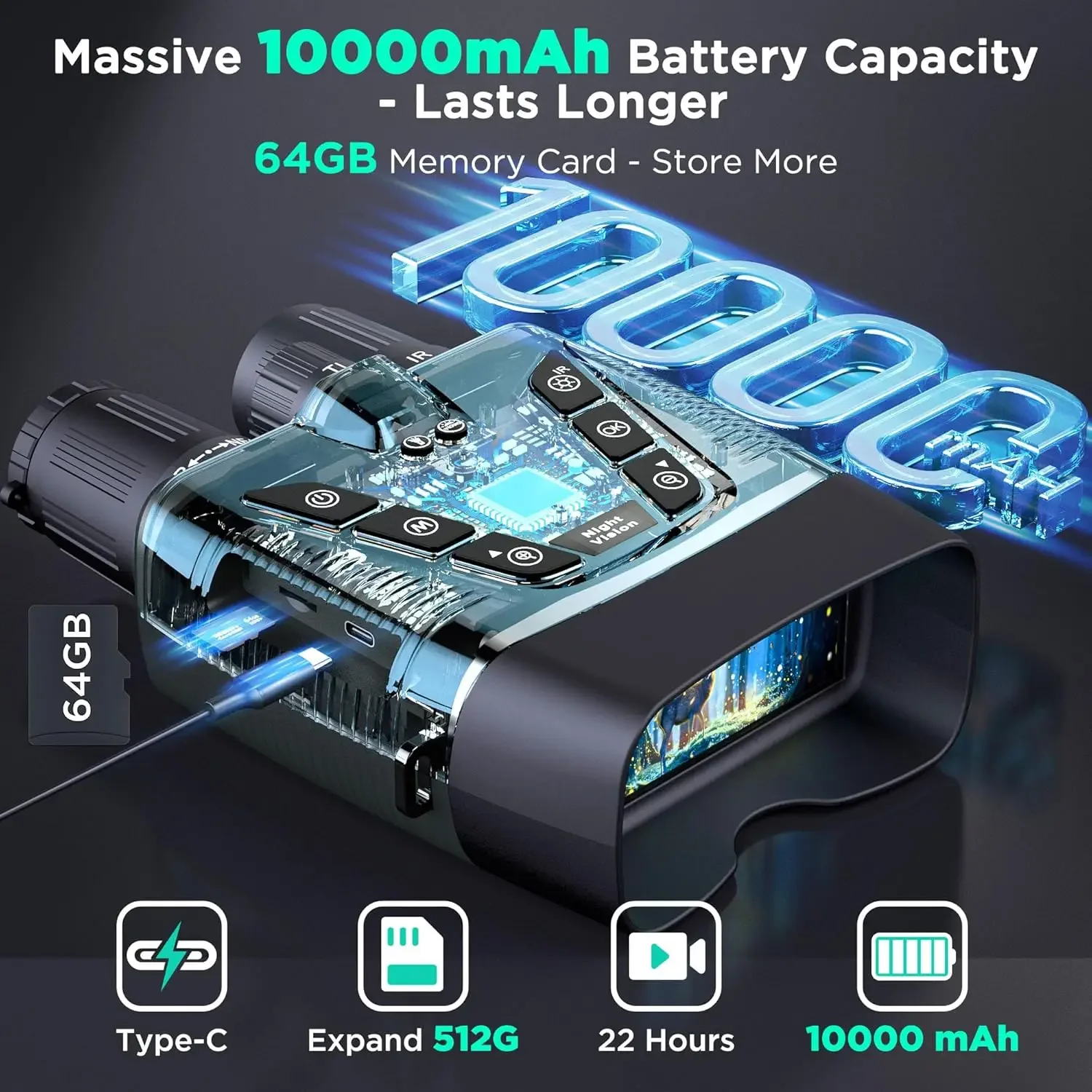 نظارات رؤية ليلية، مناظير رؤية ليلية بدقة 58 ميجابكسل كاملة الألوان بدقة 4K مع بطارية شحن سريعة 10000 مللي أمبير في الساعة، بطاقة 64 جيجابايت، شاشة 3.99 بوصة #3