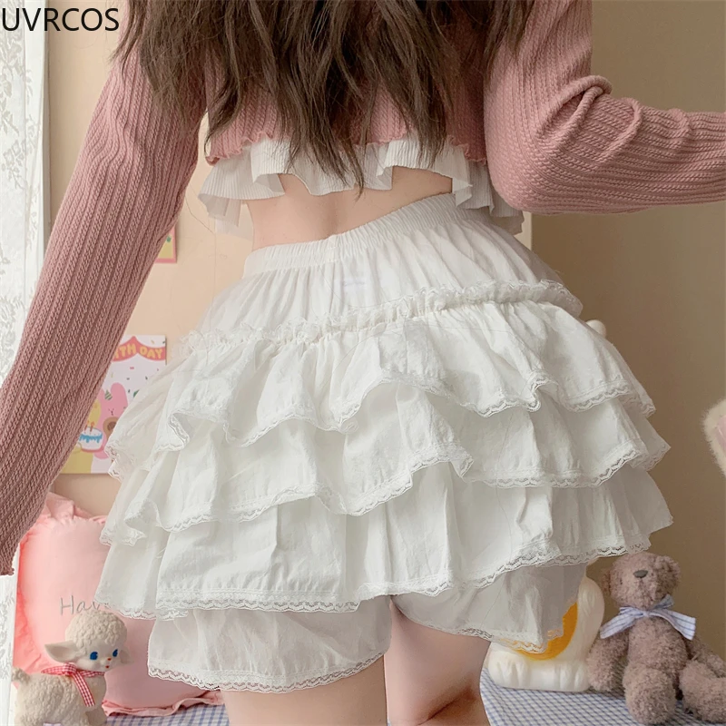 Kawaii Cute Lolita Safety Short Pants Women Sweet Solid Color Cotton Lace Bow Knickers Japanese Harajuku Y2k Plush Warm Bloomers