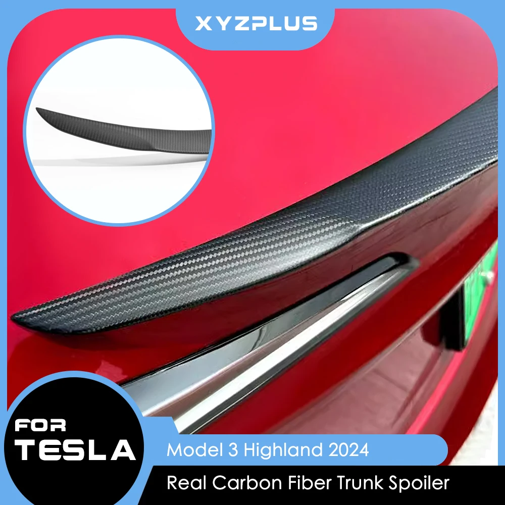 Spoiler z prawdziwego włókna węglowego do Tesli Model 3 Highland 2024-2026 w wersji Performance, tylne skrzydło z włókna węglowego na klapę bagażnika, akcesoria zewnętrzne.