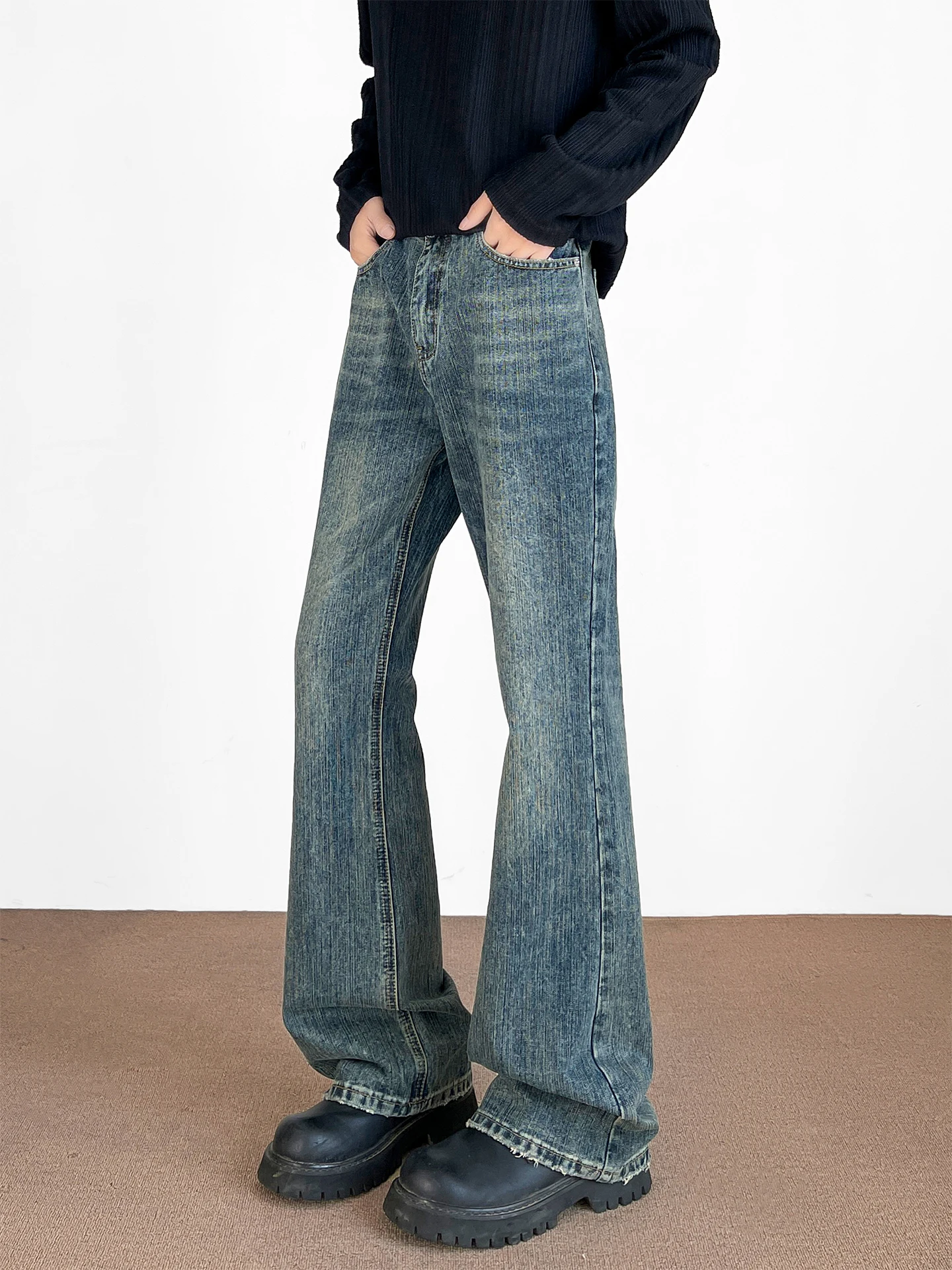 

Мужские расклешенные джинсы с синим бамбуковым узором в стиле ретро Wa, прямые брюки Cleanfit, повседневная одежда, смесь хлопка из полиэстера, весна 2026