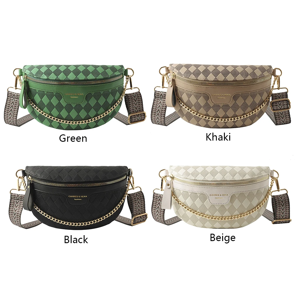 Rhombic Lattice Chest Bag Fashion Chain Women Messenger Bags Casual PU Leather Portable Simple Wide Strap for Weekend Vacation