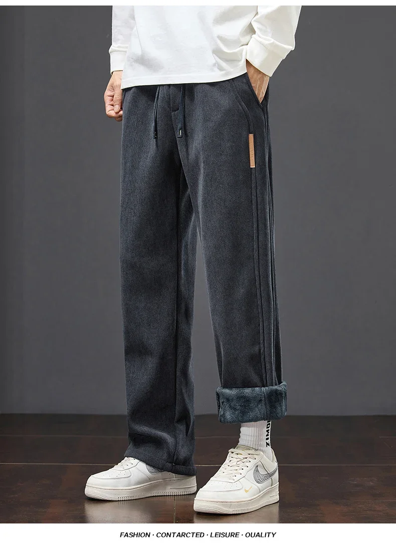Winter Warme Fleece-Gefütterte Herren-Cordhose, Weite Gerade Hose mit Kordelzug und Elastischem Bund, Streetwear Braune Freizeithose für Männer – Detail 5