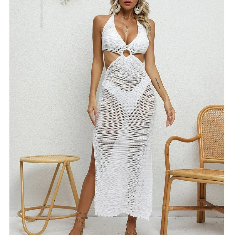 Robe de plage sexy et ajustée, avec taille exposée, col licou, bretelles en V profond, protection solaire, robe longue une pièce