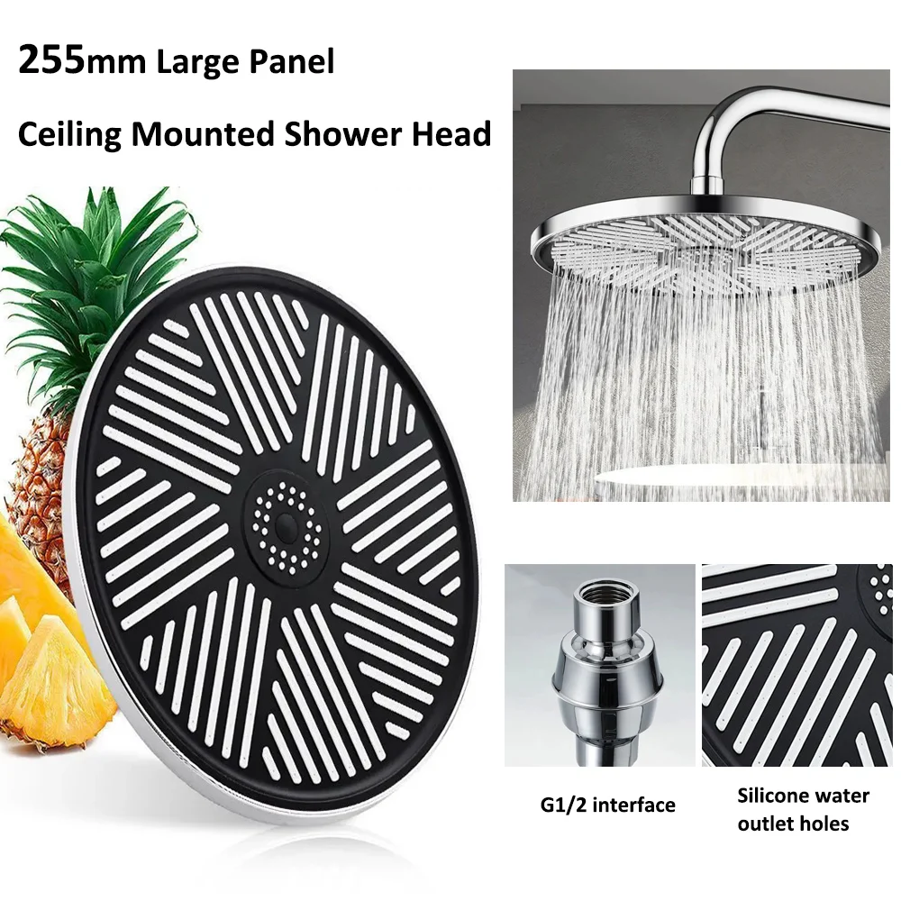New 255mm Large Panel Round Rainfall Shower Head High Pressure Top Spray Ceiling Mounted Supercharge Rain Bathroom Showerhead