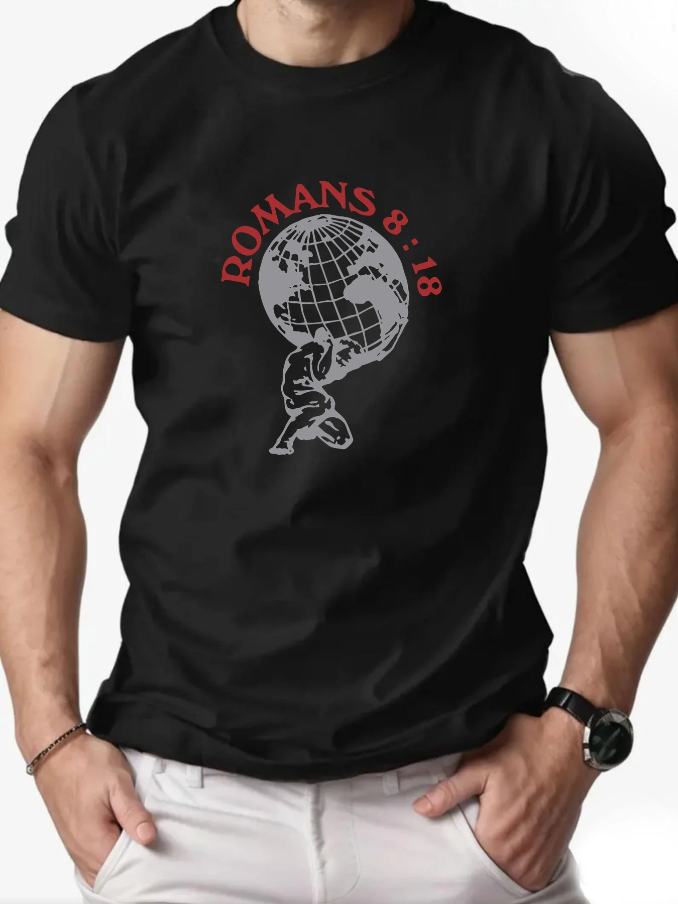 

Men's cotton T-shirt, carrying the earth pattern and Romans 8_18 text summer casual round neck short T-shirt