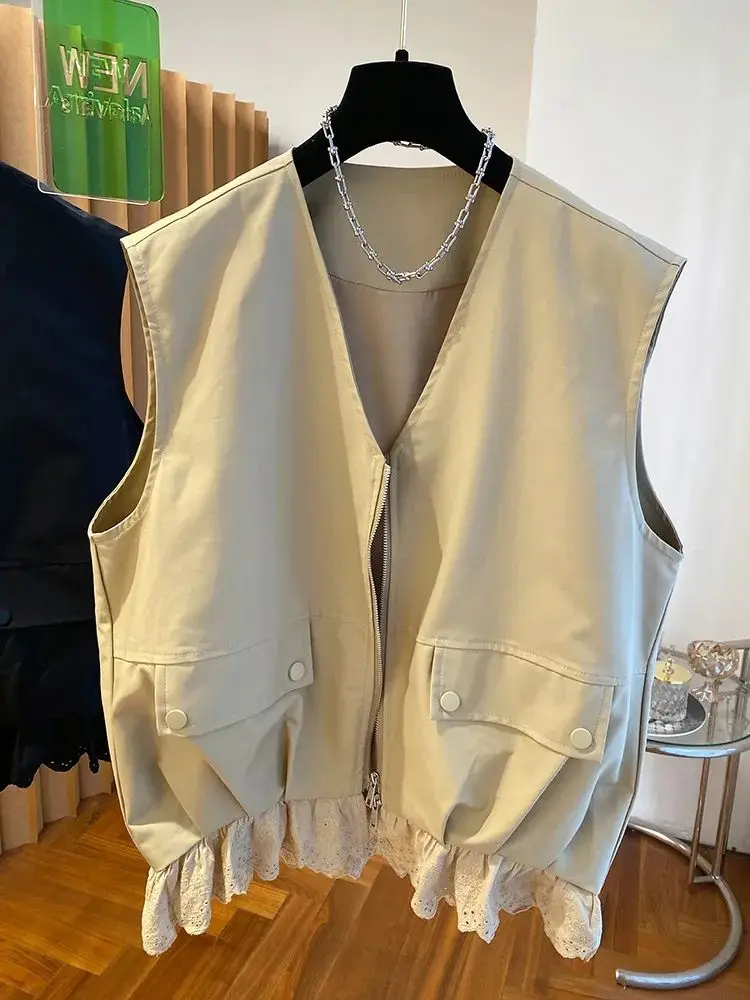 

Simple Lace Patchwork Vest Coat for Women Y2k Fashion V-neck Zipper Tops Mujer 2025 Summer New Loose Sleeveless Jackets