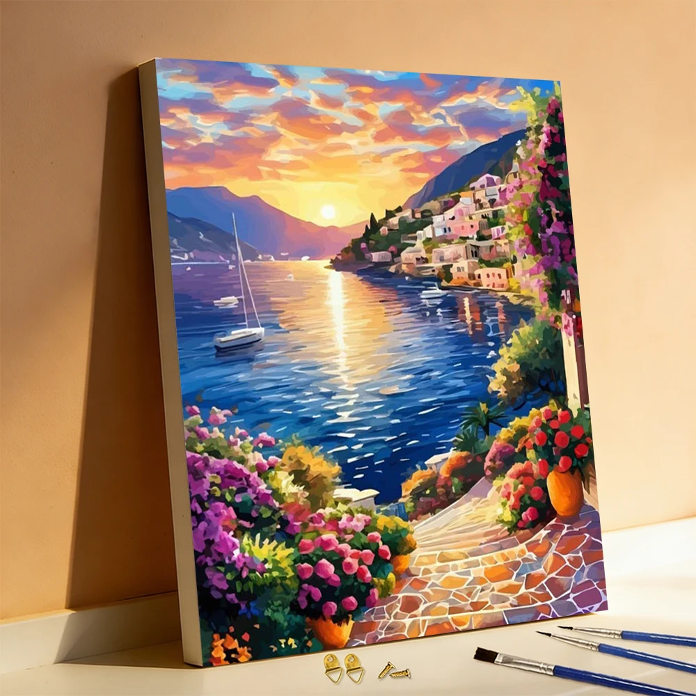 Huacan DIY Ölgemälde nach Zahlen, Meeres- und Berglandschaft, digitales Ölgemälde, Küste, Sonnenuntergang, Hauslandschaft, Heimdekoration, Geschenk