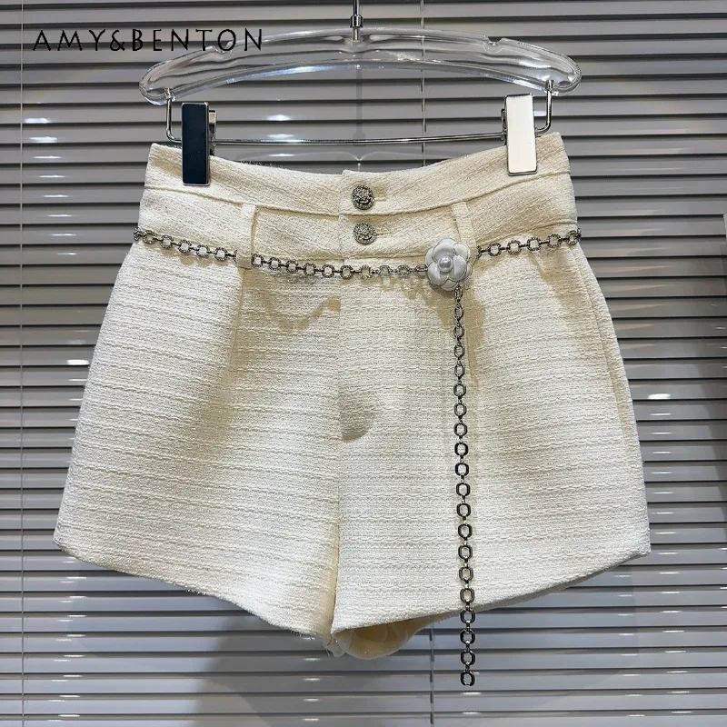 

2023 Winter New Classic Shorts Metal Waist Chain Tweed Elegant Socialite Short Pants Women's Clothes Y2k Casual Booty Trousers