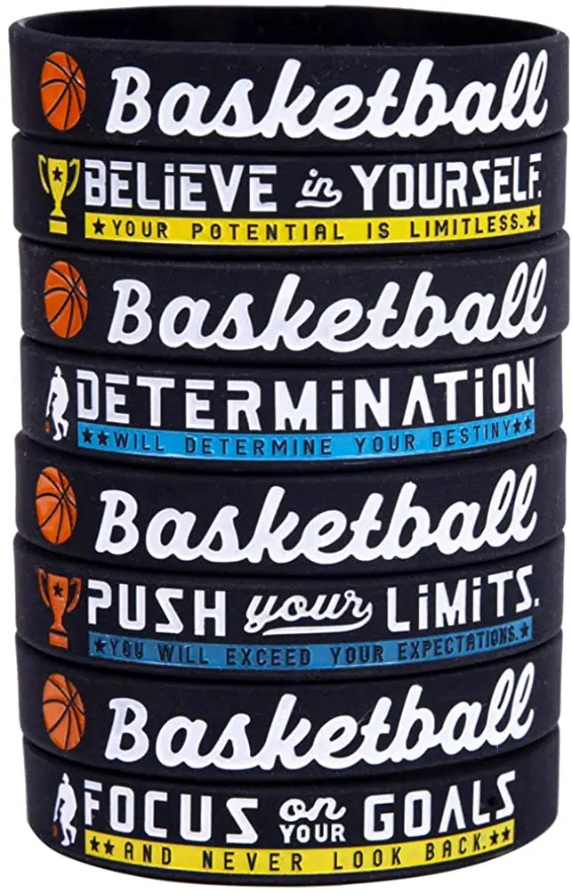 (12-Pack) Basketball Bracelets with Motivational Silicone Rubber Wristbands for Basketball Team Gifts and Party Favors