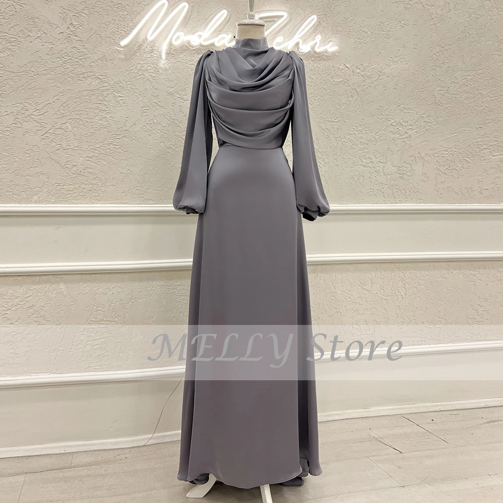 Casual High Neck Abendkleider Für Frauen Puff Long Sleeves Party Kleider Satin Meerjungfrau Bodenlangen Vestidos De Ocasión Formales