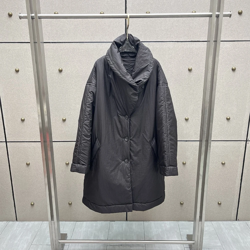 Women Mid-length Padded Coat Stand Wrap Collar Single Breasted Loose Warm Winter Parka Solid Ladies Casual Thick Cotton Jacket