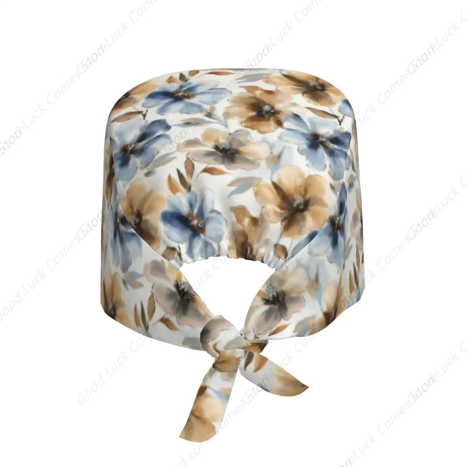 Yellow Gray Flower Leaf Floral Adjustable Working Cap Breathable Unisex Women Men Elastic Bandage Tie Back Hats Scrub Nursing