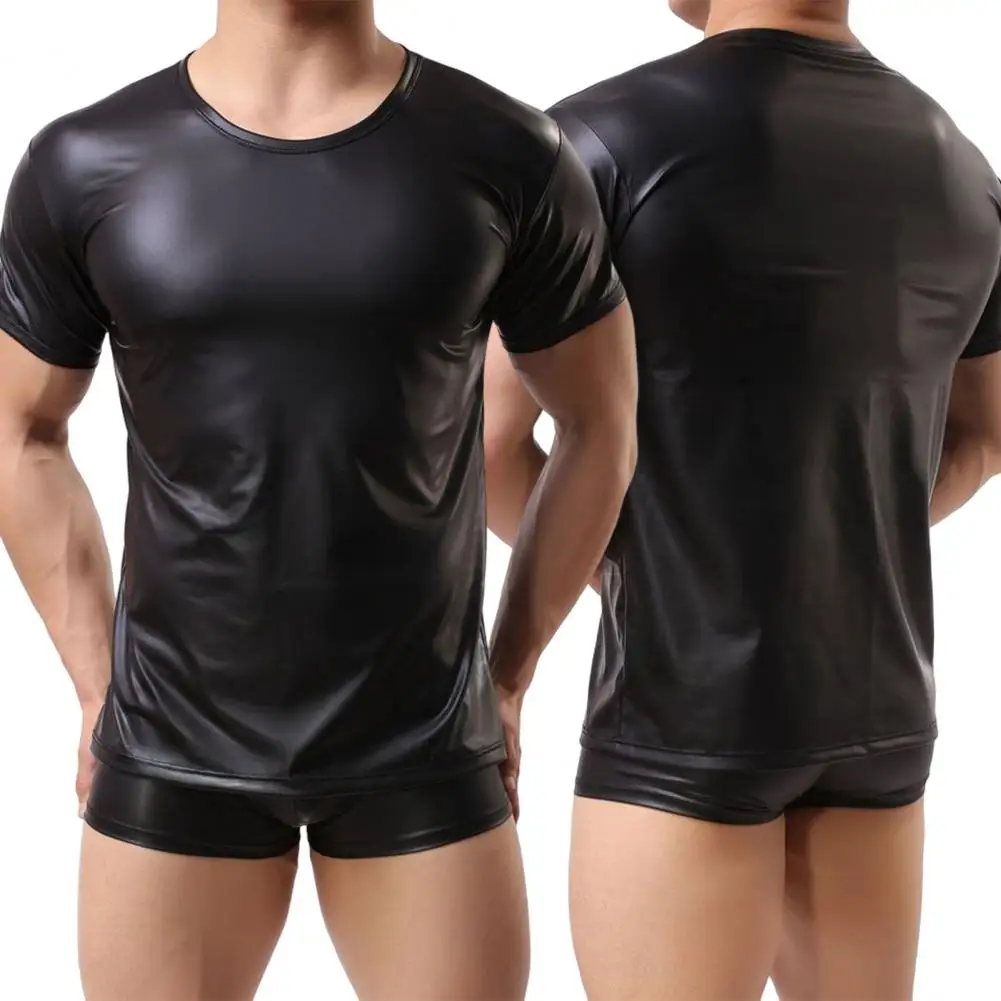 Men Faux Leather Tops Stretch Pu Leather Short Sleeve T-shirts Club Slim Bar Stage Performance Tee Shirt Elastic Tops Blouse