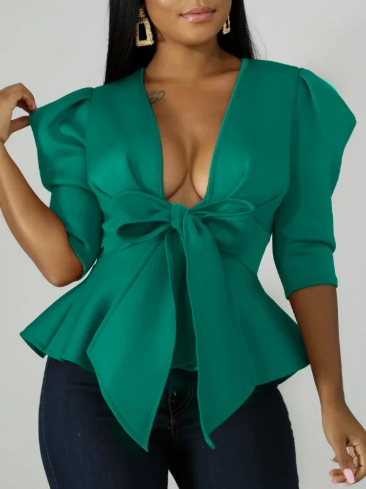 Women Peplum Blouse Tops with Waist Belt Bowtie Half Sleeves Deep V Neck Sexy Party Clubwear Night Date Out Evening Bluas Ladies