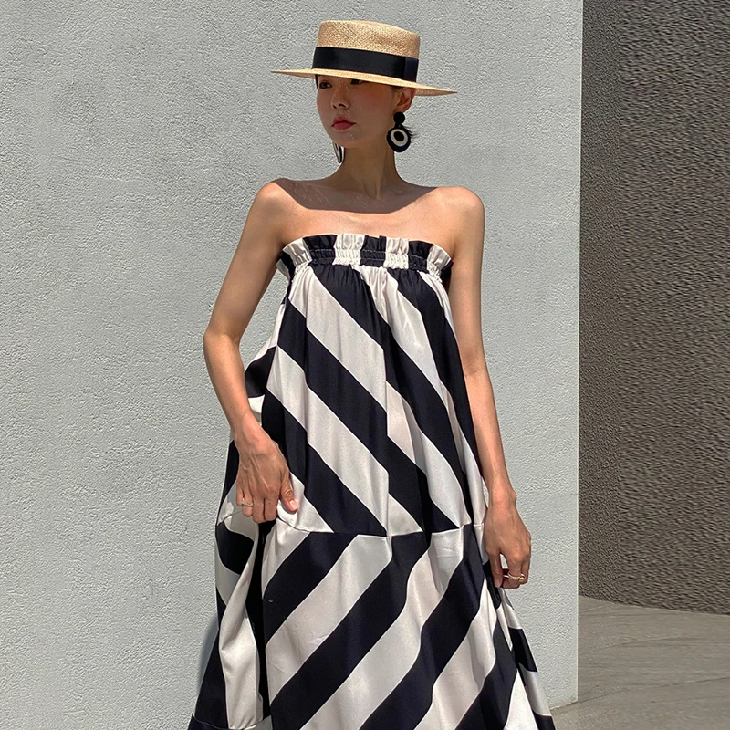 Chic Summer Vaion Sle Off-oulder Color Blo Geometric Pattern Loose Casual Wrap Dr Women's Long Svel Gown