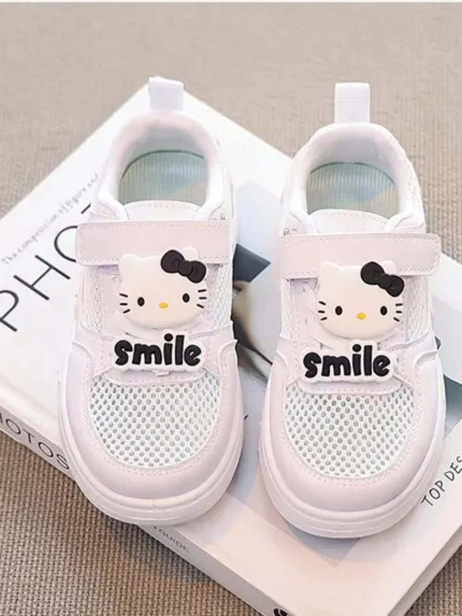 

Детская повседневная обувь Hello Kitty, однотонная летняя обувь из искусственной кожи для девочек, дышащая мягкая белая обувь на толстой подошве, размер 24-40