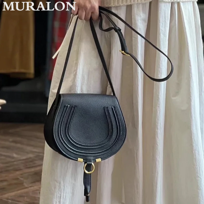 

Genuine Leather Shoulder Crossbody Bag 2024 New Cowhide Retro Tassel Rivet Saddle Bag Simple All-match Armpit Half Moon Bag Lady