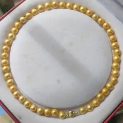 Hand knotted, sturdy Top Grading  AAAA 9-10MM SOUTH SEA NATURAL GOLDEN PEARL NECKLACE 16in18