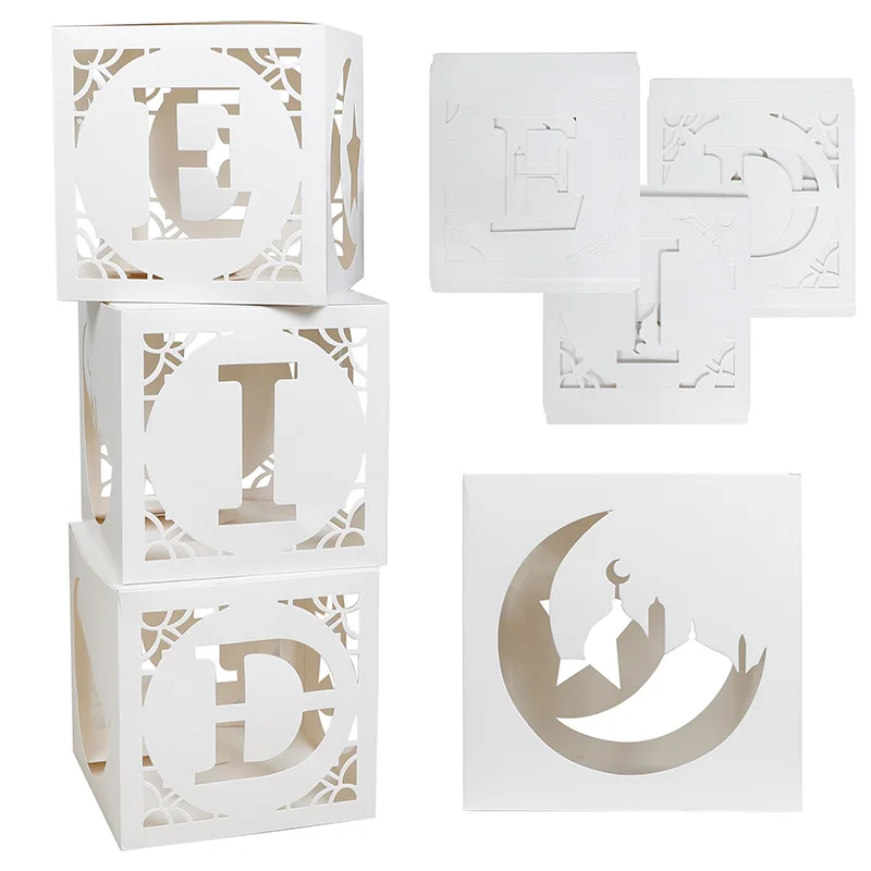 

Eid Mubarak White Hollow Box EID Letter Balloons Box Ramadan Kareem Gift Packaging Box Islamic Muslim Party Decoration For Home