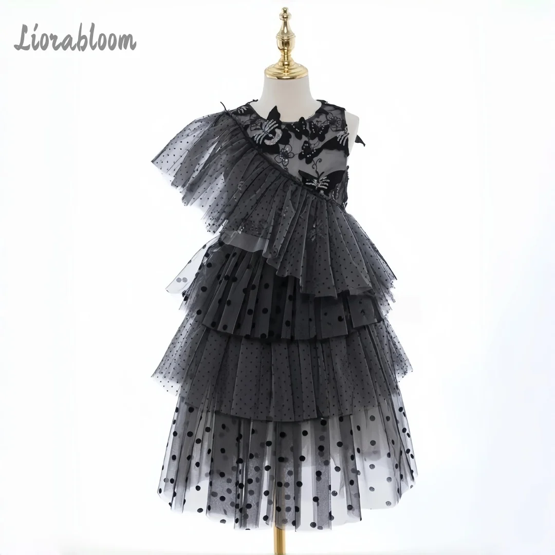 Abito Formale Nero a Pois per Bambina, Vestito Personalizzato da Damigella con Pizzo, Abbigliamento per Cerimonie Nuziali