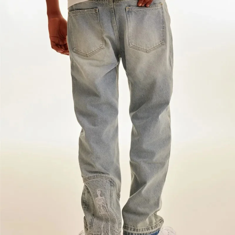 Embroidered Distressed Dirty Dyed Washed Jeans Loose Straight Trousers