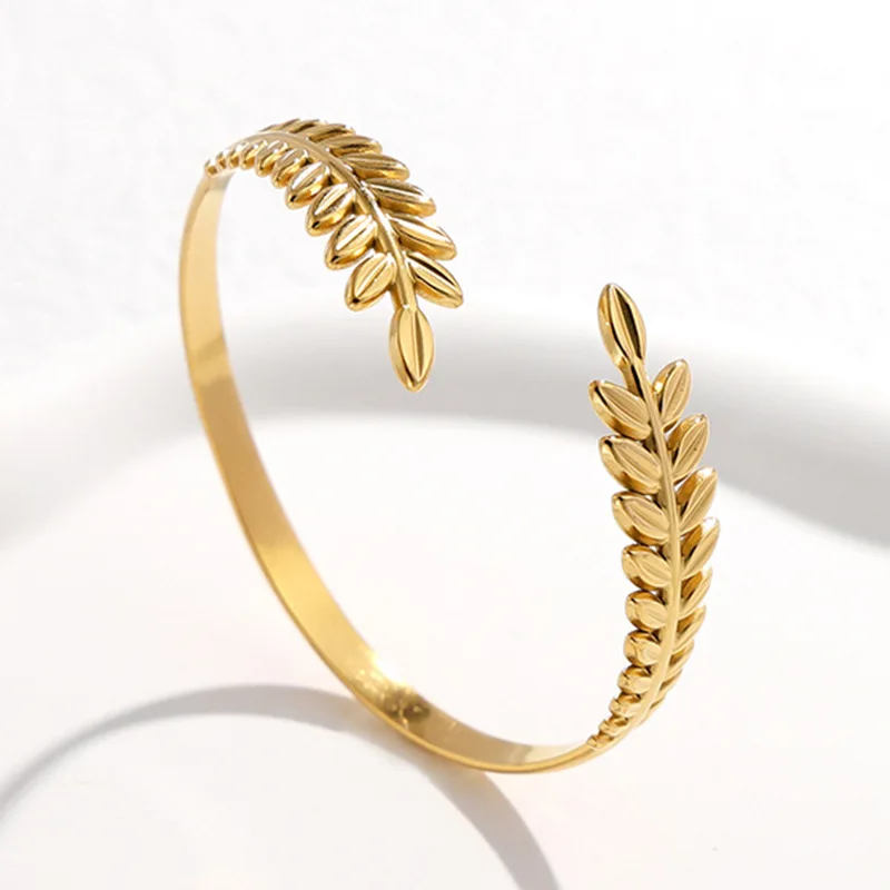Stainless Steel Charm Enfashion Leaves and Ears of Wheat Bangles for Women High Quality Party Cuff Bracelet Jewelry Colorfast