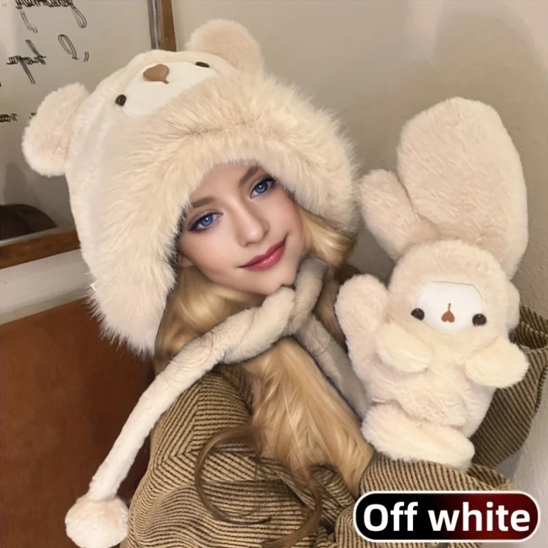 طقم قفازات وقفازات شتوية لطيفة على شكل دمية دب قطيفة مكونة من قطعتين، مع قبعة دافئة سميكة مقاومة للرياح والبرد وحماية الأذن