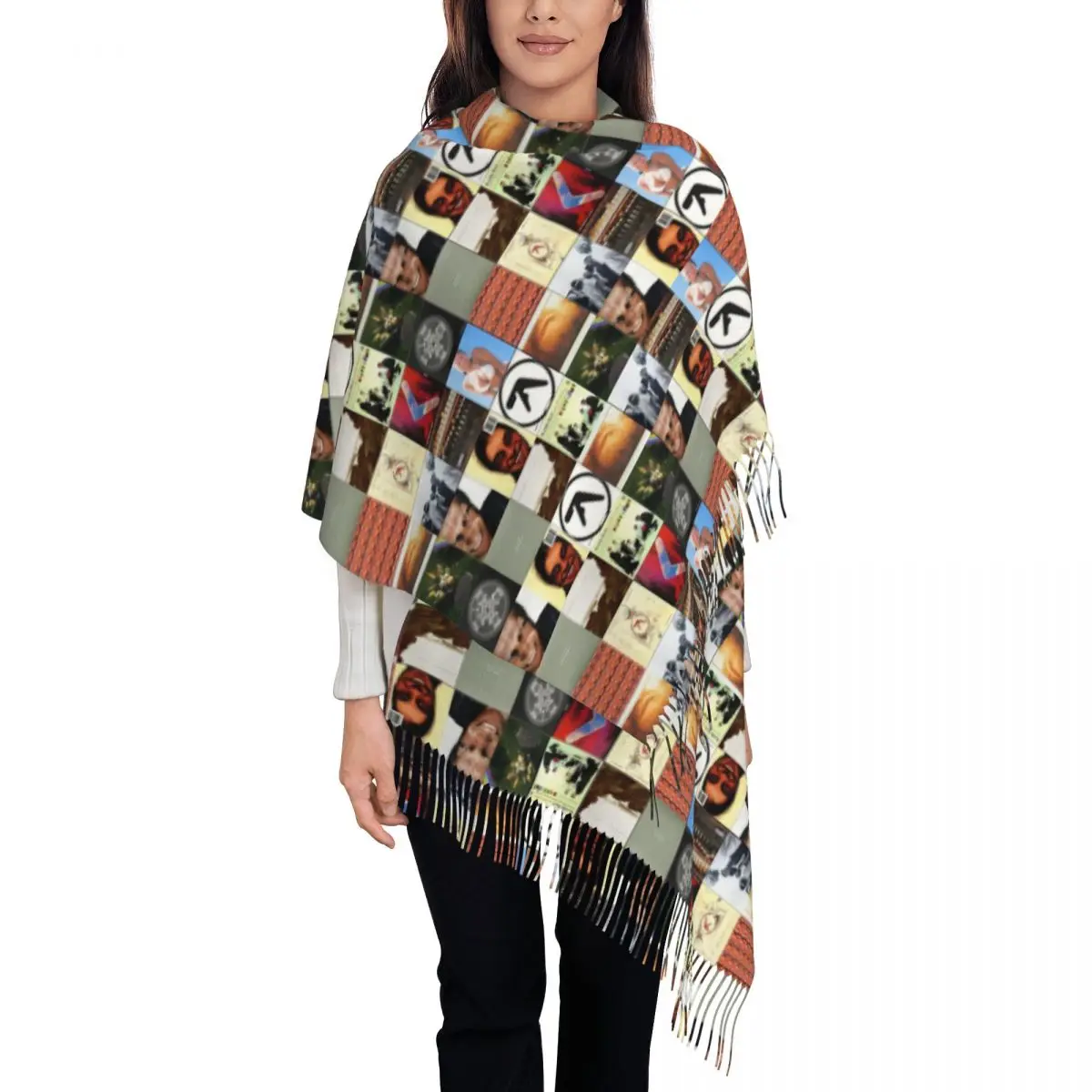 

Custom Fashion British Musician Composer Aphex Twin Tassel Scarf Women Winter Warm Shawls Wraps Lady Electronic Music Scarves